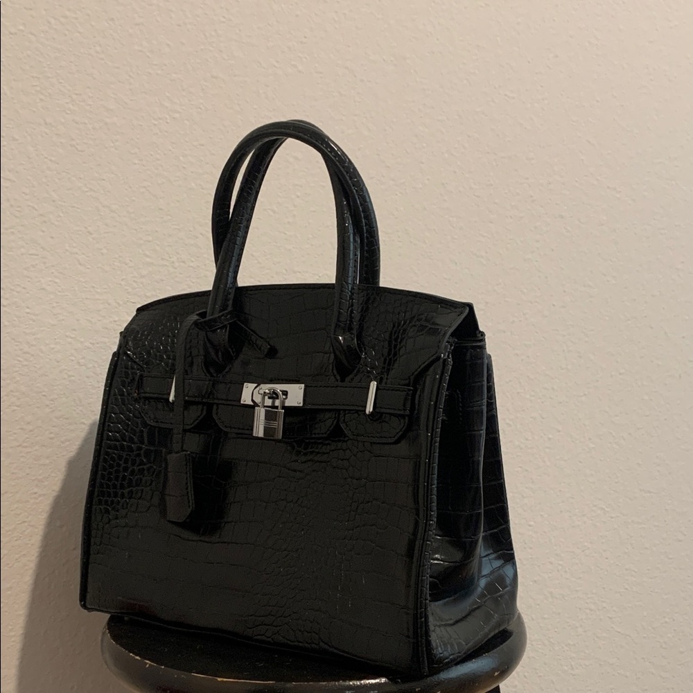Black Crocodile-Embossed Handbag